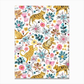 Spring Tigers Flowers Pink Blue Canvas Print