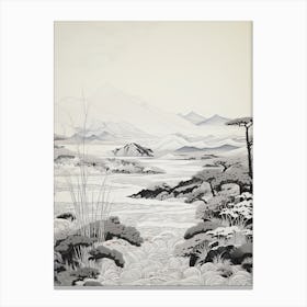 San In Coast In Tottori,, Ukiyo E Black And White Line Art Drawing 3 Canvas Print