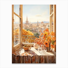 Window View Of Barcelona Spain In Autumn Fall, Watercolour 4 Canvas Print