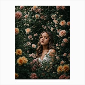 Photoreal In a Lush Garden Depict a Girl Surrounded by Bloomin flowers. Canvas Print