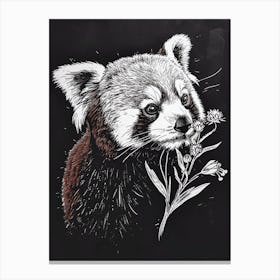 Red Panda Sniffing A Flower Ink Illustration 3 Canvas Print