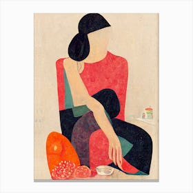 Girl Sitting In A Kitchen Canvas Print