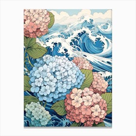 Great Wave With Hydrangea Flower Drawing In The Style Of Ukiyo E 4 Canvas Print