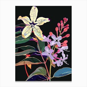 Neon Flowers On Black Lilac 3 Canvas Print