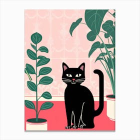 Black Cat With Plants Canvas Print