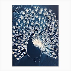 Navy Blue Linocut Inspired Peacock With Feathers Out 4 Canvas Print