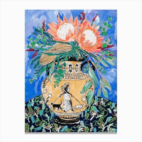 Protea Bouquet In Greek Urn With Cat Walking Lady Figure Canvas Print