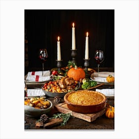 A Thanksgiving Feast Laid Out On A Rustic Wooden Table Is The Centerpiece Of An Epicurean Visual S (3) Canvas Print