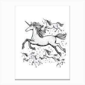 Unicorns Galloping Black & White Doodle Canvas Print