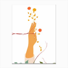 Hand Reaching For Flowers, flower portrait, hand and flowers, orange flowers, flowers and vines, digital art, vector art Canvas Print
