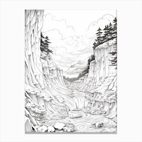 Sounkyo Gorge In Hokkaido, Ukiyo E Black And White Line Art Drawing 2 Canvas Print