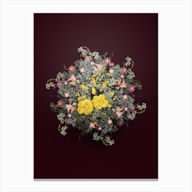 Vintage Yellow Sweetbriar Roses Flower Wreath on Wine Red Canvas Print