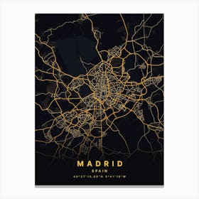 Madrid Spain Black And Gold Map Canvas Print