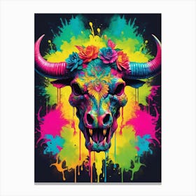 Floral Bull Skull Neon Iridescent Painting (1) Canvas Print