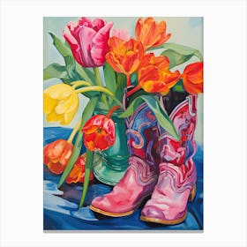 Oil Painting Of Tulips Flowers And Cowboy Boots, Oil Style 3 Canvas Print