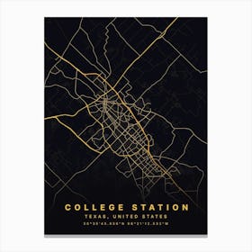 College Station Texas USA Black And Gold Map Canvas Print