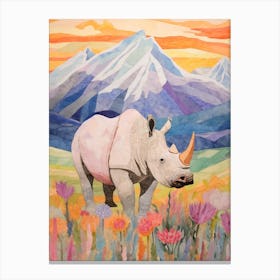 Patchwork Floral Rhino With Mountain In The Background 6 Canvas Print