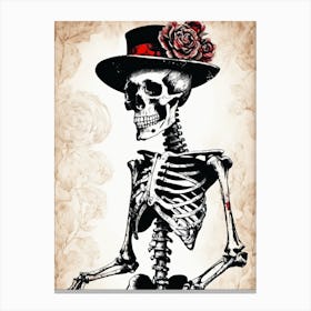Floral Skeleton With Hat Ink Painting (45) Canvas Print
