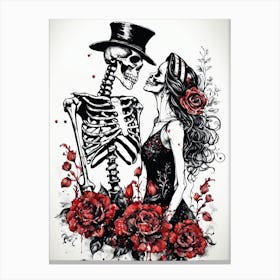 Floral Abstract Kissing Skeleton Lovers Ink Painting (16) Canvas Print