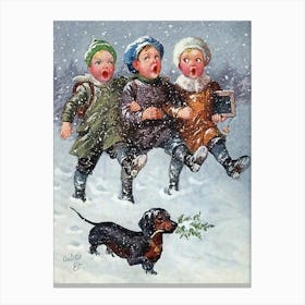 Three Boys Singing Christmas Songs On Snow, With Little Dog In The Front Canvas Print