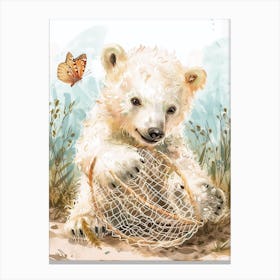 Polar Bear Cub Playing With A Butterfly Net Storybook Illustration 1 Canvas Print