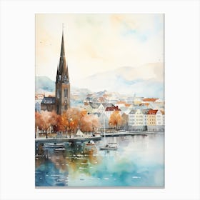 Reykjavik Iceland In Autumn Fall, Watercolour 2 Canvas Print