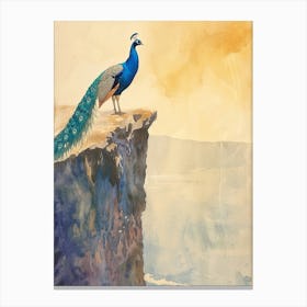 Peacock On A Cliff Edge Watercolour 1 Canvas Print