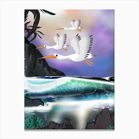 White Storks Flying Over The Ocean Canvas Print