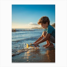 A Young Person Engaging In Play With A Fish Near The Waters Edge On A Sandy Beach Golden Hour Ligh (4) Canvas Print