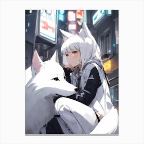 Anime Girl With White Wolf Canvas Print