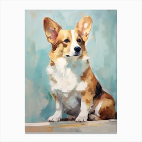 Corgi Dog, Painting In Light Teal And Brown 0 Canvas Print