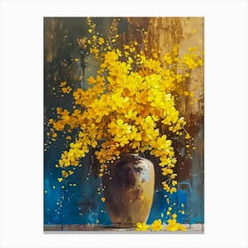 Yellow Flowers in a Vase on Blue Background Still Life Modern Oil Painting by John Arwen | Floral Wall Art for Gallery or Feature Canvas Print