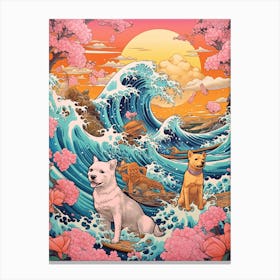 The Great Wave Off Kanagawa Puppies Kitsch Canvas Print