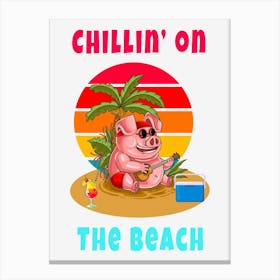 Colorful Pig Illustration Pig In Sunglasses On The Beach Under A Palm Tree Playing Music 1 Canvas Print