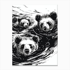 Malayan Sun Bear Family Swimming In A River Ink Illustration 4 Canvas Print