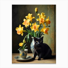 Black Cat With Daffodils Canvas Print