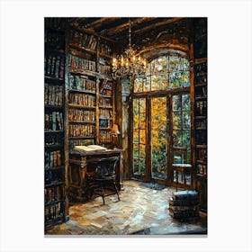 Cozy Vintage Library With Wooden Bookshelves And Autumn View – Tranquil Reading Nook Art Print Canvas Print