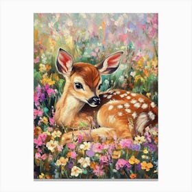 Oil Painting Of Young Deer In Wild Landscape With Spring Or Summer Colorful Flowers Canvas Print