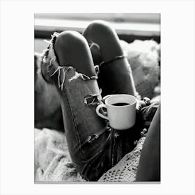 Woman Drinking Coffee In Bed Black And White Fashion Photography Canvas Print