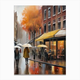 Amsterdam cafes, autumn season, rain, autumn oil colours.Faded colours,People passing on the street, winter clothes, rain umbrellas.6 3 Canvas Print