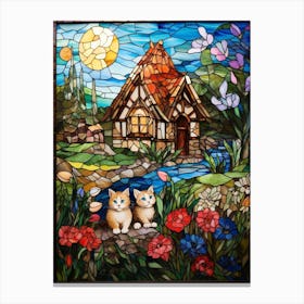 Stained Glass Kittens With A Medieval Barn In The Background Canvas Print