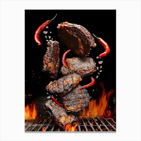 BBQ, Grilled pork, beef steaks — Food kitchen poster/blackboard, photo art Canvas Print
