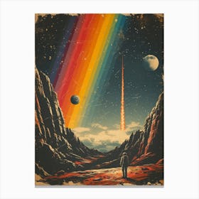 Space Odyssey: Retro Poster featuring Asteroids, Rockets, and Astronauts: Rainbows In The Sky Canvas Print