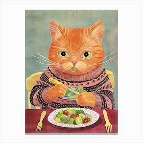Cute Brown Cat Eating Salad Folk Illustration 2 Canvas Print
