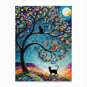 Hello Friend - Beautiful Rainbow Mosiac of Whimsical Black Cats Watching the Full Moon Whimsy Kitty Art for Cat Lover, Cat Lady, Chakra Pride Pagan Witch Colorful HD Canvas Print
