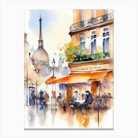Paris city, passersby, cafes, apricot atmosphere, watercolors.11 Canvas Print