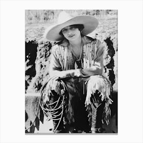 Cowgirl, Black and White Art, Woman Portrait, Vintage Old Photo, Western Aesthetic Canvas Print