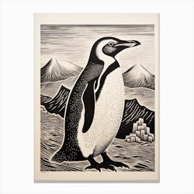 B&W Bird Linocut Penguin 1 Canvas Print