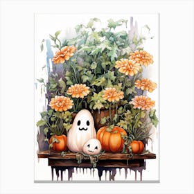 Cute Bedsheet Ghost, Botanical Halloween Watercolour 56 Canvas Print