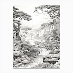 Yakushima Island In Kagoshima, Ukiyo E Black And White Line Art Drawing 2 Canvas Print